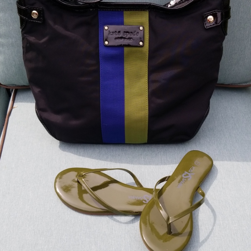 Kate Spade Black Nylon Color Block Olive Green Blue & Patent Leather Striped Bag